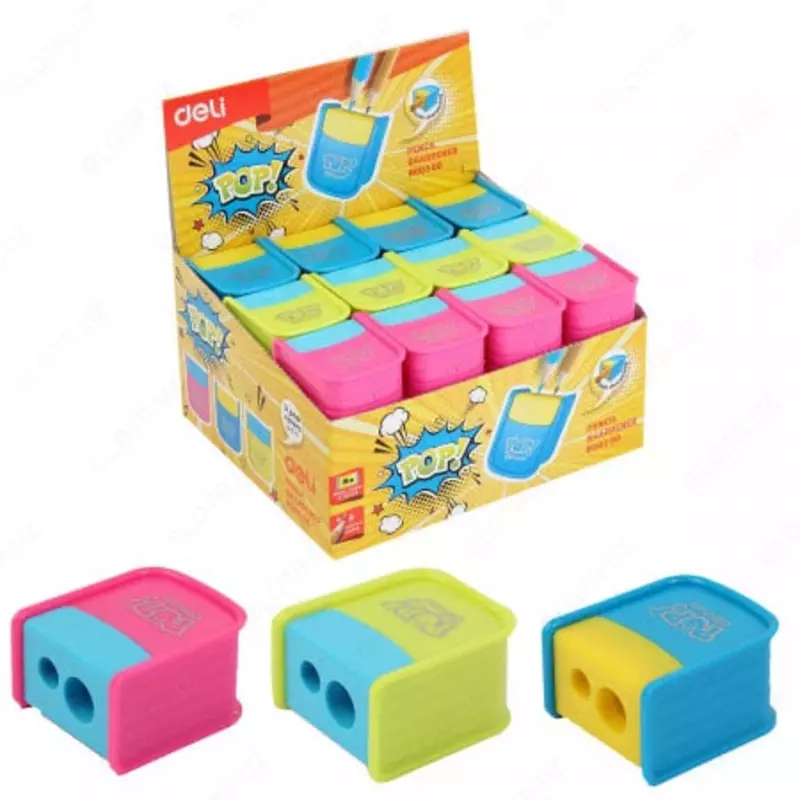 Plastik qalam otkirlagich (idish) Deli POP! 2 teshik  d 8/12 mm  oram. quti (modda - 00300-ER) Pol. turli xil