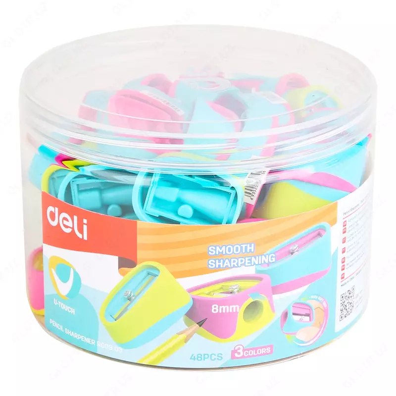   Plastik qalam otkir Deli U-touch  1 teshik  d 8 mm  oram. plast. kolba (modda - 00903-ER) Pol. turli xil