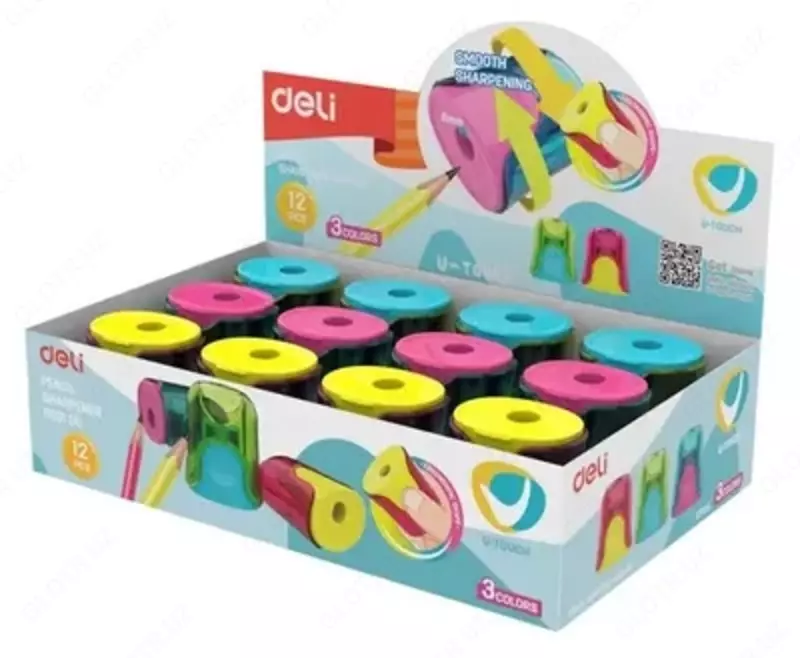  Plastik qalam otkirlagich (idish) Deli U-touch  1 teshik  d 8 mm  oram. quti (Art. - 01000-ER) Pol. turli xil OOO Smart Choice Kans