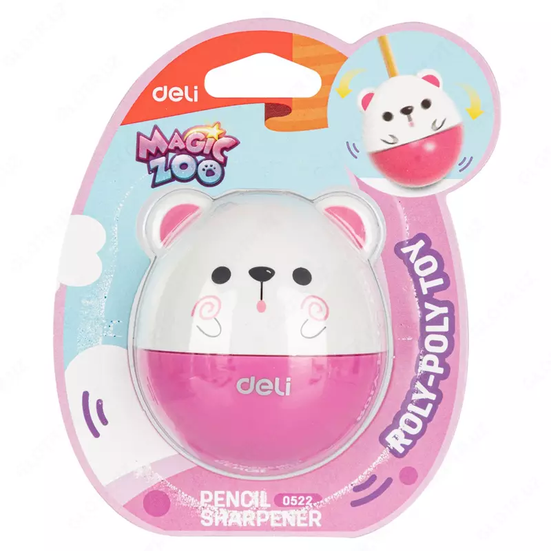   Plastik qalam otkirlagich (idish) Deli Magic hayvonot bogi  1 teshik  d 8 mm  oram. blister (modda - 0522) Col. turli xil
