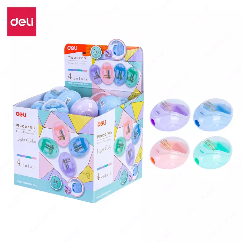   Plastik qalam otkirlagich (idish) Deli Macaron  1 teshik  d 8 mm  oram. quti (- 0525-modda) Pastel. turli xil