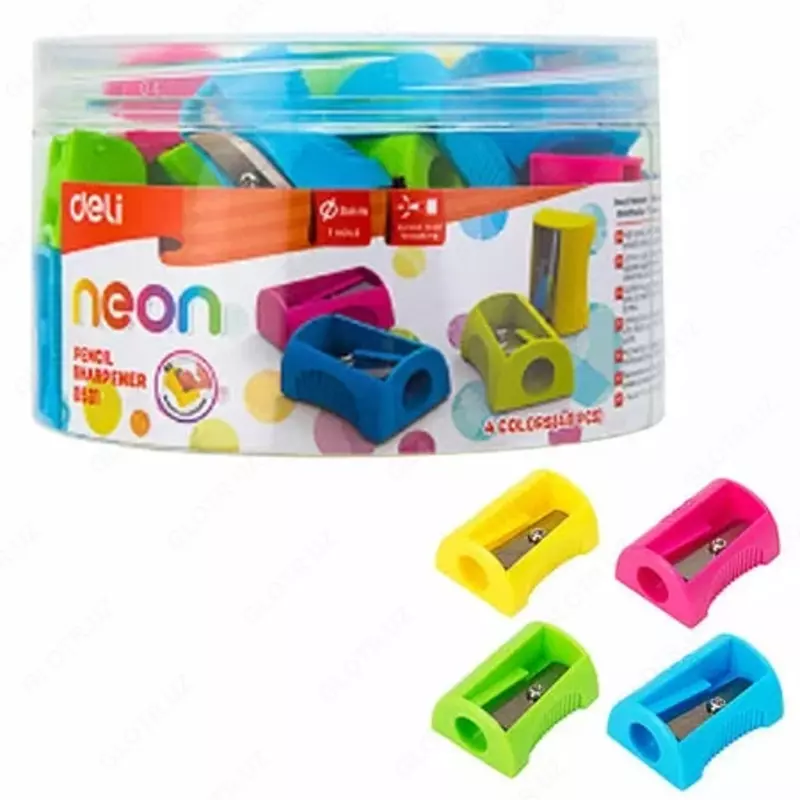   Пластиковая точилка для карандашей Deli Neon  1 отв  d 8 мм  уп. пласт. туба (Арт. - 0531) Цв. ассорти