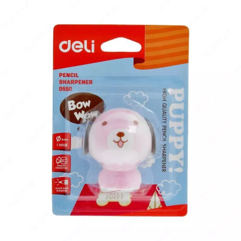  Plastik qalam otkirlagich (idish) Deli Puppy!  1 teshik  d 8 mm  oram. blister (modda - 0550) Col. turli xil OOO Smart Choice Kans