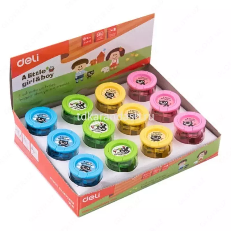   Пластиковая точилка для карандашей (контейнер) Deli A little girl&boy  2 отв  d 8/12 мм  уп. дисплей (Арт. - 0551) Цв. ассорти
