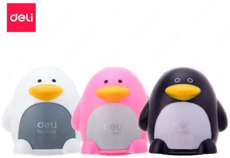 Plastik qalam otkirlagich (idish) Deli Pingvin  2 teshik  d 8 mm  oram. blister (modda - 0563) Col. turli xil
