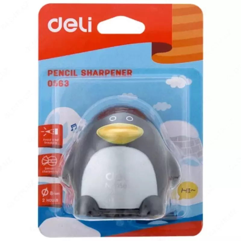   Plastik qalam otkirlagich (idish) Deli Pingvin  2 teshik  d 8 mm  oram. blister (modda - 0563) Col. turli xil