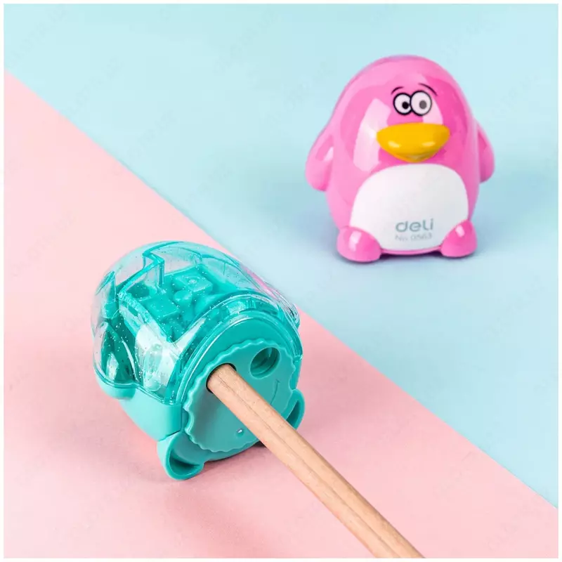  Plastik qalam otkirlagich (idish) Deli Pingvin  2 teshik  d 8 mm  oram. blister (modda - 0563) Col. turli xil Chakana savdo