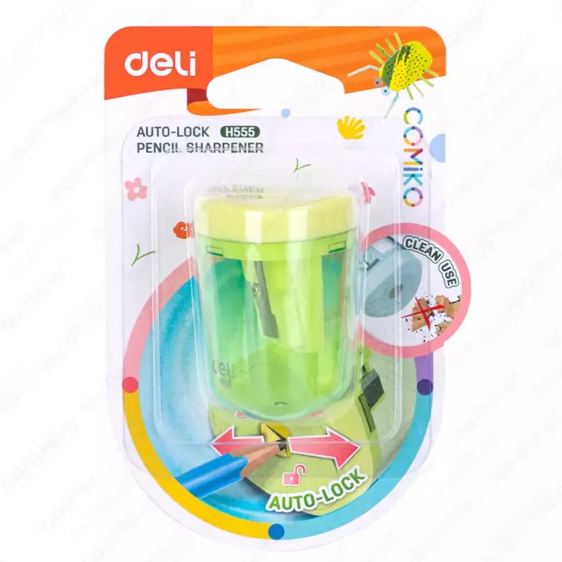  Plastik qalam otkirlagich (idish) Deli Comiko  1 teshik  d 8 mm  oram. blister (modda - 555-H) Col. turli xil