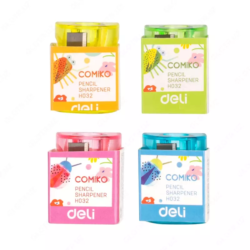 Пластиковая точилка для карандашей Deli Comiko  1 отв  d 8 мм  уп. туба (Арт. - 032-H) Цв. ассорти