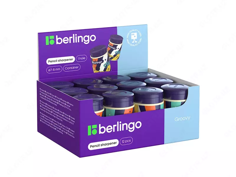  Пластиковая точилка для карандашей (контейнер) Berlingo Groovy  1 отв  d 8 мм  уп. карт. кор. (Арт. - BBp_15S15) Цв. ассорти - 
