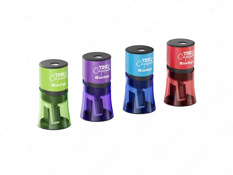 Plastik qalam otkirlashtirgich (idish) Berlingo TimeCapsule  2 teshik  d 8/11 mm  oram. kart. displey (Art. - BBp_15007) Kol. turli xil