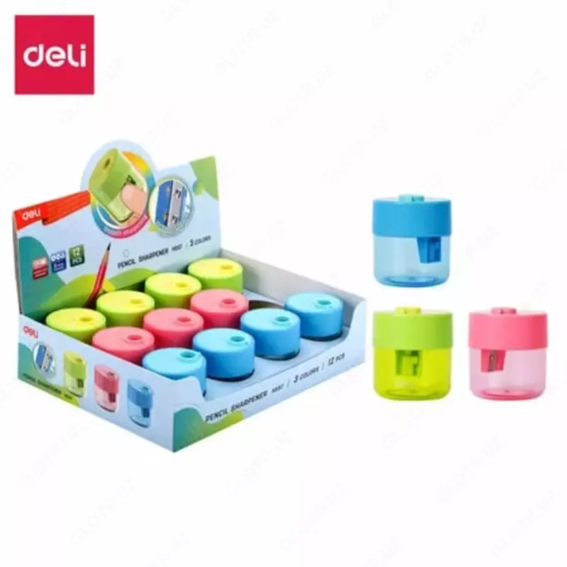  Пластиковая точилка для карандашей (контейнер) Deli Бочонок. Микс  1 отв  d 8 мм  уп. карт. дисплей (Арт. - 557-H) Цв. ассорти Только в розницу