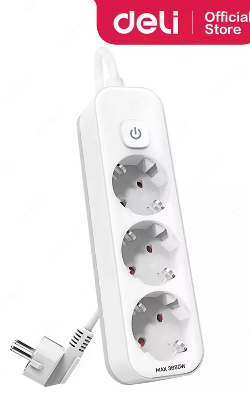 Uzatuvchi shnur (kalit) Deli ET433  3 rozetka  5 m  16A  3680 Vt (Art. - 433-ET) Oq