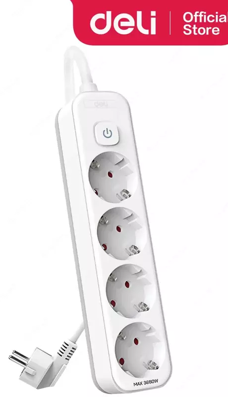 Uzatma shnuri (kalit) Deli ET435  4 rozetka  3 m  16A  3680 Vt (Art. - 435-ET) Oq