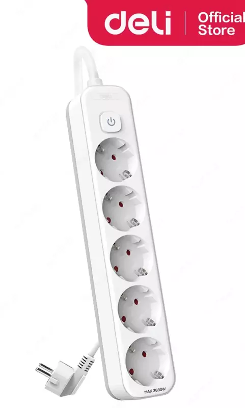 Uzatma shnuri (kalit) Deli ET437  5 rozetka  1 8 m  16A  3680 Vt (Art. - 437-ET) Oq