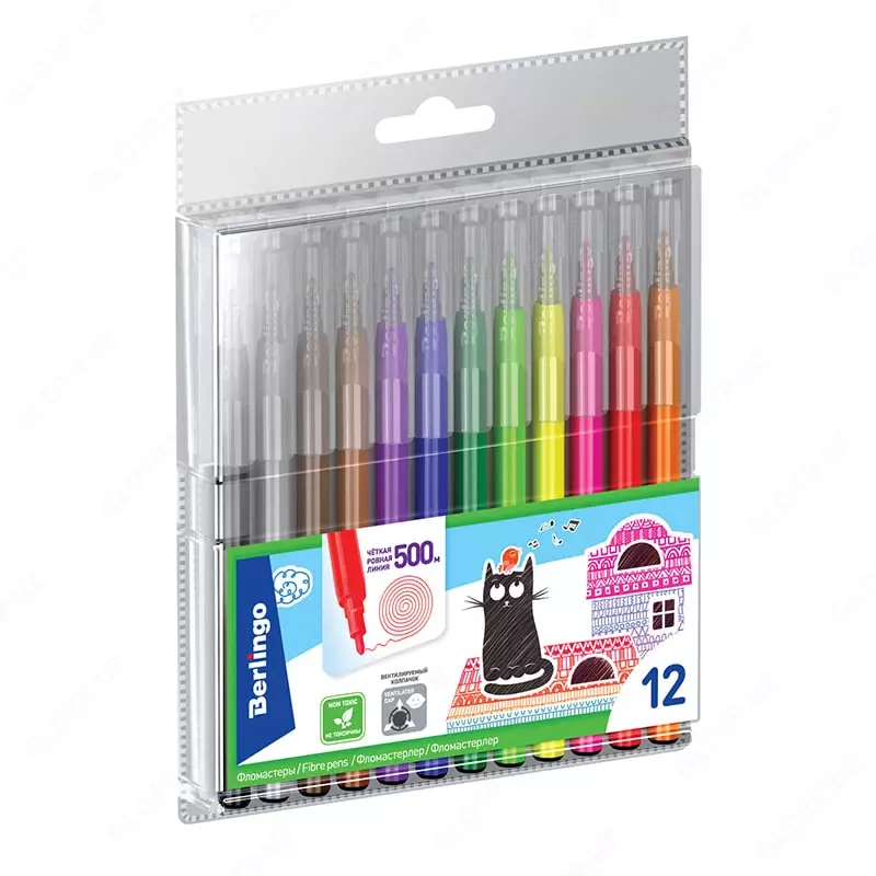 Набор фломастеров (смываемые) Berlingo Жил-был кот  наконечн. 2 мм  12 шт.  уп. блистер (Арт. - WP00612) Цветное ассорти