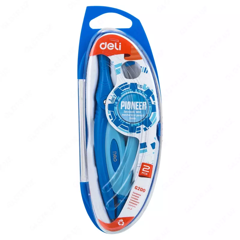  Металло/пластиковый циркуль (грифели) Deli Pioneer  28 см  мех. карандаш   уп. блистер (Арт. - 20002-EG) Ассортимент Только в розницу