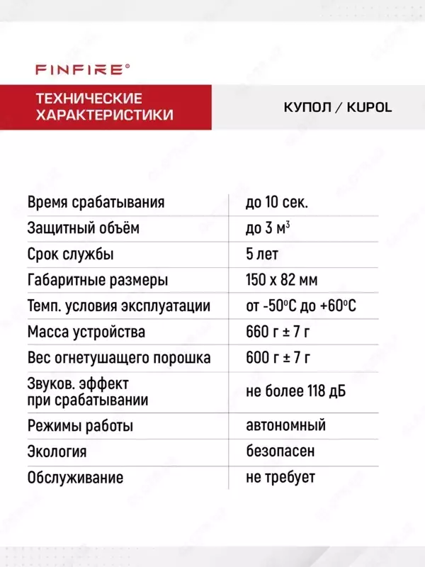FINFIRE Автономное устройство пожаротушения, КУПОЛ.