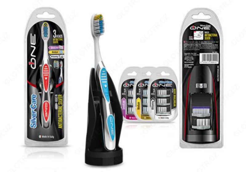 Эксклюзивная серебряная зубная щётка «Silver Care» cерии Silver One с холдером и набором трёх уровневых серебренных запасных насадок 999 пробы.
