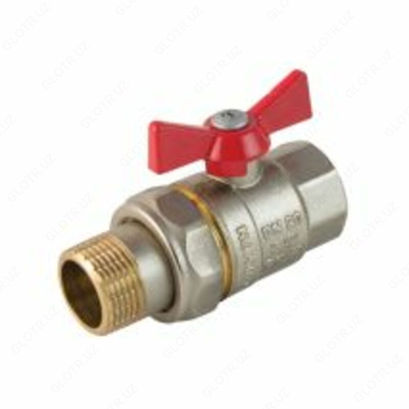 Металл кран шаровый с американкой красный (бабочка) 1″