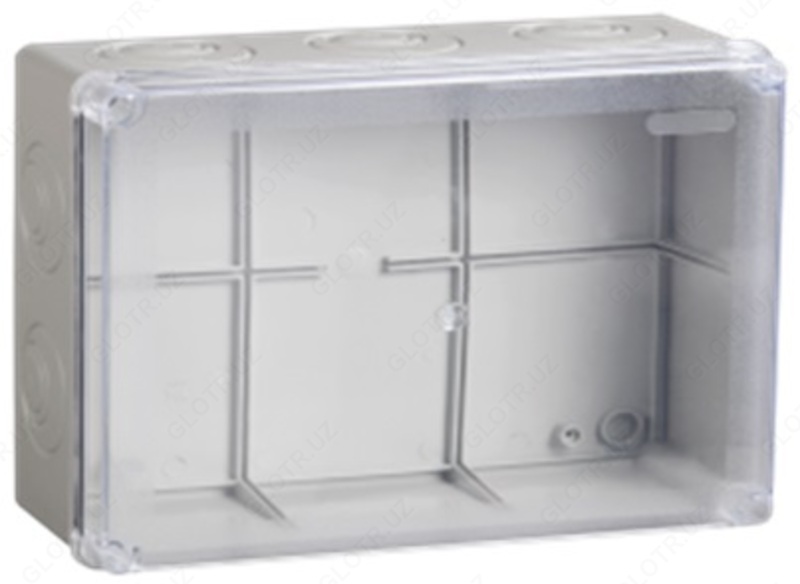  Коробка КМ41278 распаячная для о/п 240х195х165 мм IP55 (RAL7035  прозр. кр.  кабельные вводы 5 шт) - 