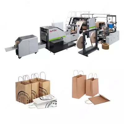 Полностью автоматическая линия по производству бумажных пакетов с веревочной ручкой.