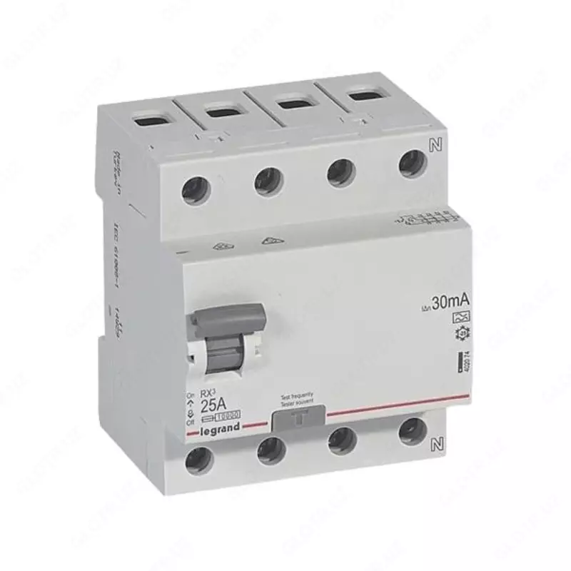  Выключатель ВДТ (УЗО) RX3-4П-400В-нейтраль справа-25А-тип АС-300мА-4модуля  LG 402070 - 