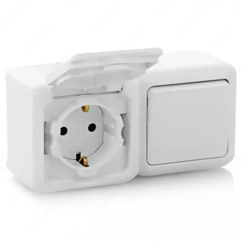 Выключатель+розетка 2К+З шт IP44 БЕЛЫЙ