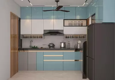 Burchakdagi oshxona to'plami. Model № 26 (kulrang/ko‘k/oq)