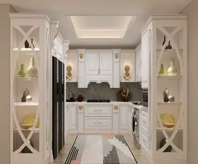 Burchak U shaklidagi oshxona to'plami. Model № 45 (Oq/Oltin)