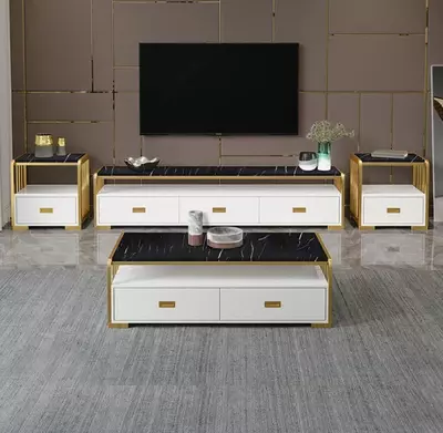 To'rtburchak televizor stend. Model № 6 (oq/qora marmar)