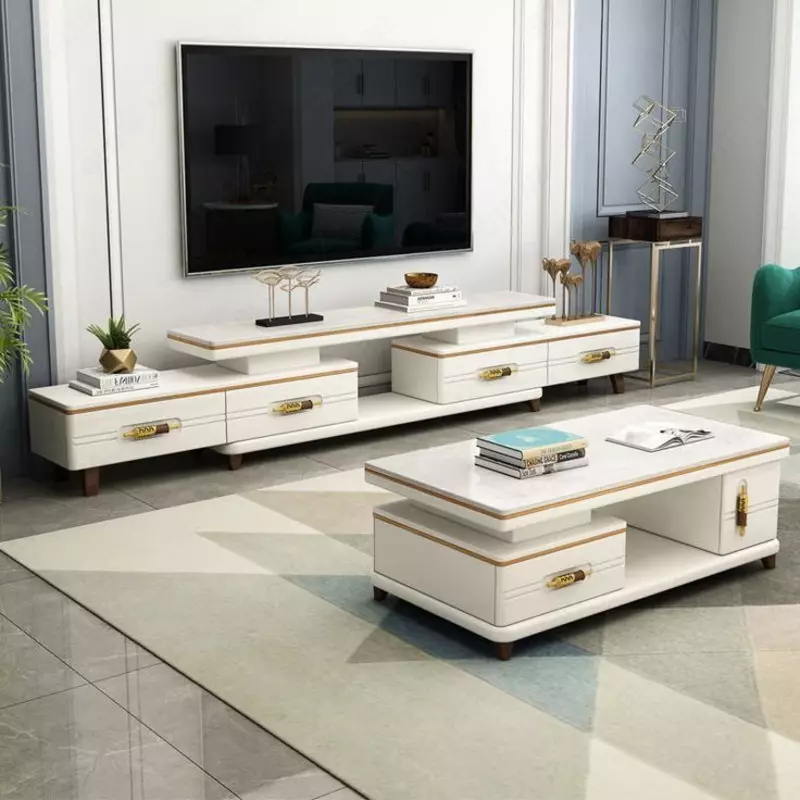 To'rtburchak televizor stend. Model № 7 (Oq/Oltin)