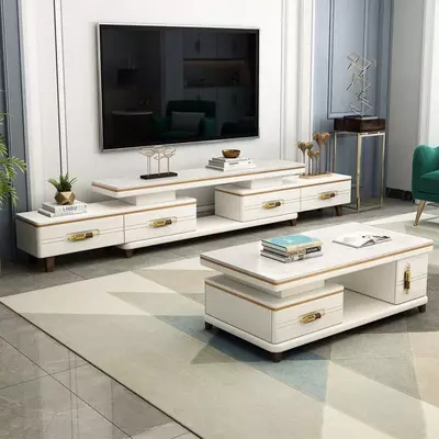 To'rtburchak televizor stend. Model № 7 (Oq/Oltin)