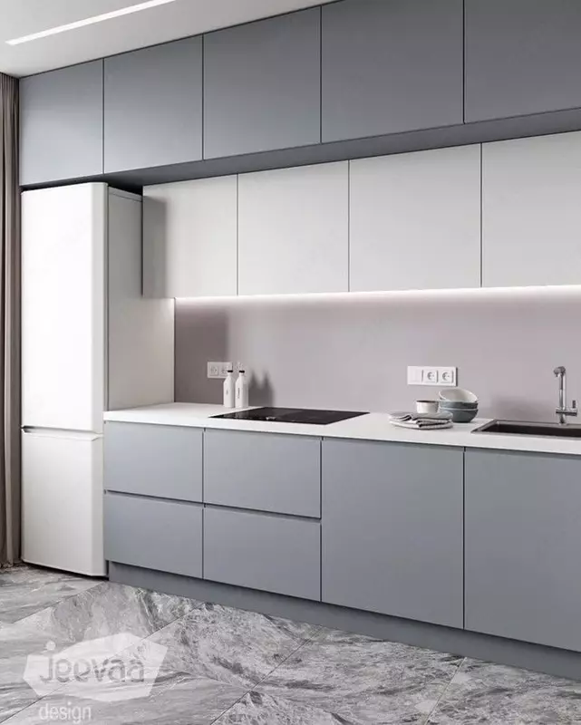 Кухонный гарнитур (прямой) Модель № 014 (Светло-серый/белый)