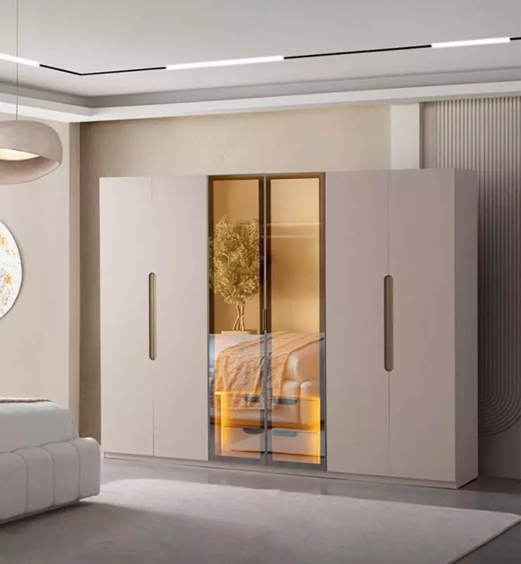 Dizayner 6 eshikli shkaf (shisha) Model № 013 (Karamel/oltin)