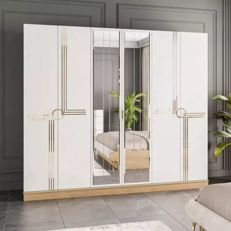 Dizayner 6 eshikli shkaf (oynali) Model № 014 (Oq/oltin) - 1 240 000 so'm