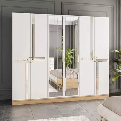 Dizayner 6 eshikli shkaf (oynali) Model № 014 (Oq/oltin) - 1 240 000 so'm / kv.m