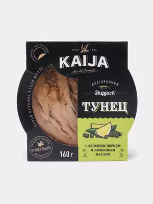 Yashil qalampir va limon yog'i bilan kaija orkinos, shaffof qopqoqli, 160 g