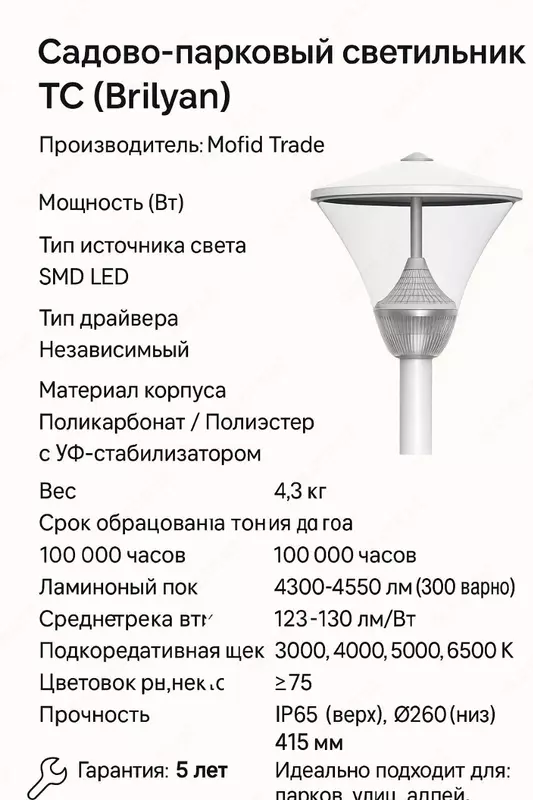 Park va ko'cha chiroqlarini qo'llab-quvvatlaydi