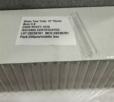 RTGTT-1275 — 12×75 мм o‘lchamdagi boro3.3 shishadan yasalgan shisha probirkalar
