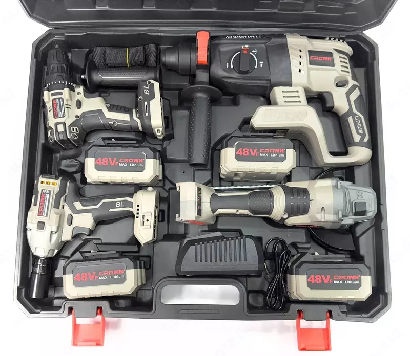 Nabor instrument 4x batareyka (Perforator + Bolgarka + Drell + Gaykavert) 4v1 CROWN 48V