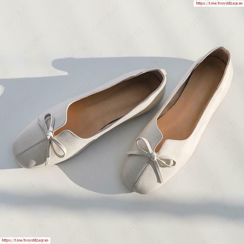 Bo'yashsiz haqiqiy charmdan qilingan ayollar balet kvartiralari; yumshoq tagliklardagi yumshoq tagliklar; Dam olish uchun espadrilles; kamon bilan tasodifiy ayollar. - {0} so'mdan