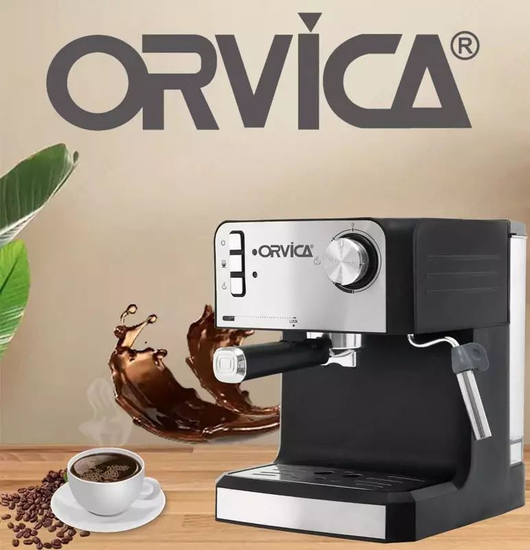 Кофеварка рожковая с капучинатором Orvica ORM-6821 (Китай) Серебристая/Черная