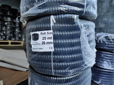 26мм Гибкий стальной металлорукав с ПВХ покрытием (и с протяжкой) - Внутренний диаметр: 26 мм (1 дюйм) - длина в рулоне: 25 м - 16 464 сум / м