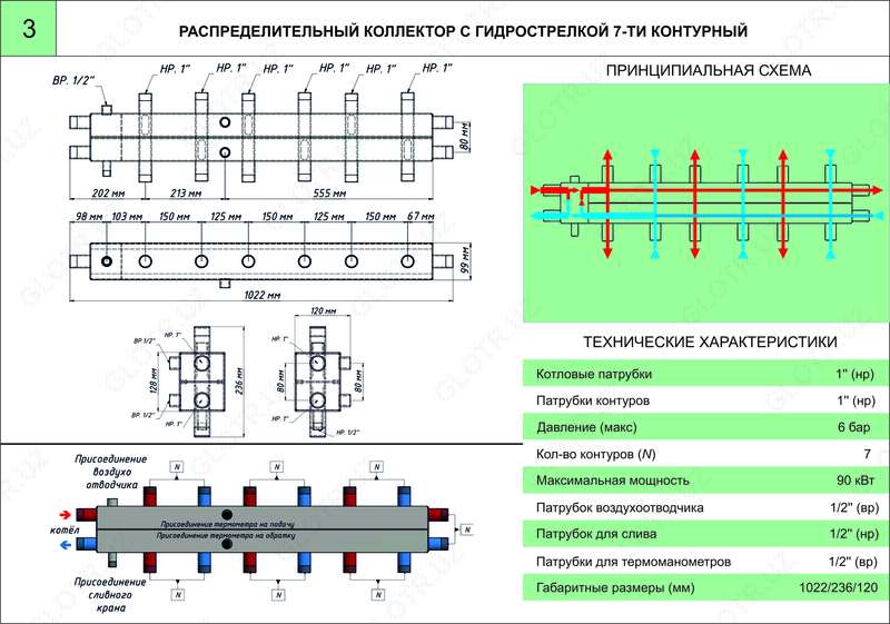  Распределительный 7-ми контурный коллектор с гидрострелкой - 