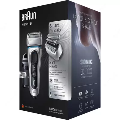 Elektr soqol mashinasi  Braun Series 8 8390cc Clean&Charge stantsiyasi va mato qutisi bilan