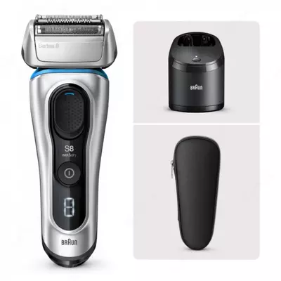Elektr soqol mashinasi  Braun Series 8 8390cc Clean&Charge stantsiyasi va mato qutisi bilan