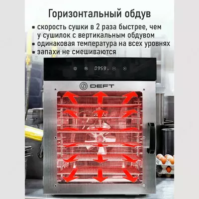 Сушилка для овощей и фруктов с горизонтальным обдувом Deft DTFD-1016S 16 паддон