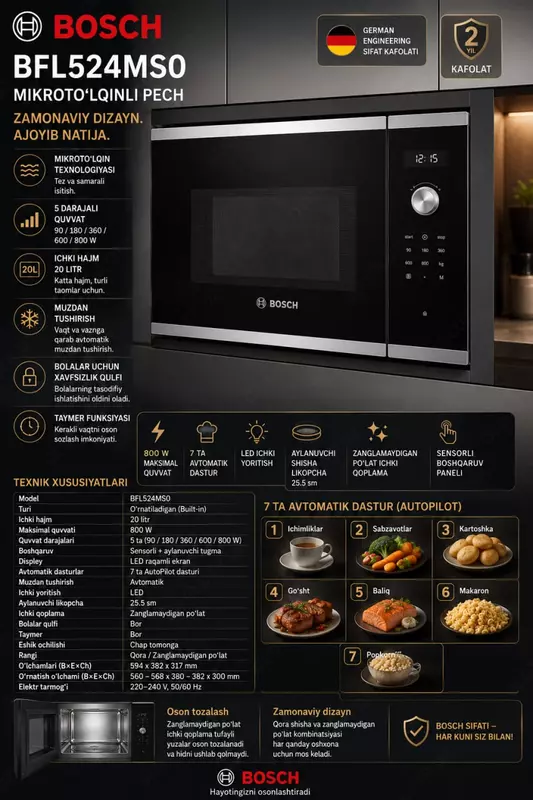 Встраиваемая микроволновая печь Bosch BFL524MS0