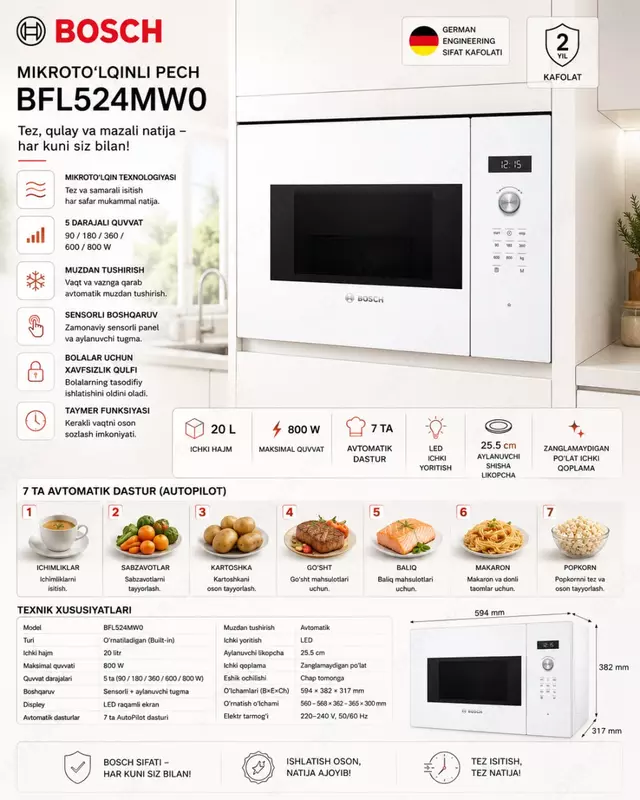 O‘rnatma mikroto‘lqinli pech Bosch BFL524MW0